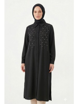 Lale Butik Levidor Önü Çizgili Taşlı Tunik Gömlek 210144 Siyah