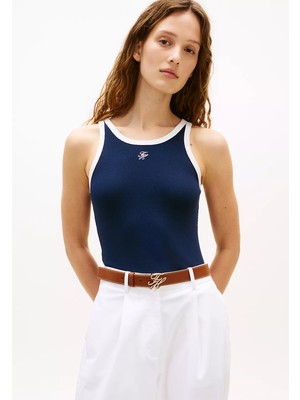 Tommy Hilfiger Kadın Yuvarlak Yakalı Askılı Dar Kesim Logo Işlemeli Lacivert T-Shirt WW0WW48712-C1G
