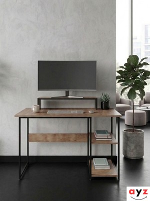 Ayz Vienna 2 Raflı Metal Ayak Çalışma Masası Laptop Masası Bilgisayar Masası 60X120CM Çam- Siyah