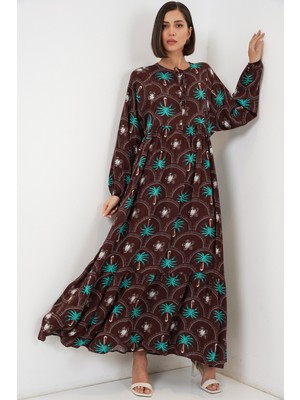 Bigdart Kadın Desenli Tesettür Elbise 2594 - Kahverengi