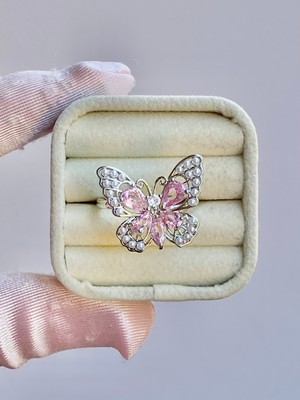 Gözde Aksesuarım Ayarlanabilir Pembe Kelebek Yüzük Çelik