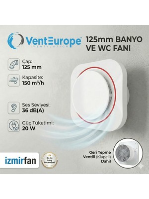 VentEurope Round 125 Bd – 12,5’luk Sessiz Yuvarlak Banyo Aspiratörü – Kapaklı ( Klapeli ) Damperli Havalandırma Fanı