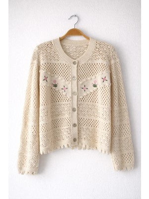 Retrobird Nakış Işlemeli Romantik Hırka Kadın Kum Renkli