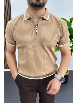 Edwox Erkek Polo Yaka Çizgili Tişört Açık Kahverengi EDW472