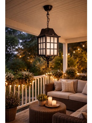 Akviva Kafesli Zincirli Fener Bahçe Aydınlatma Armatürü Siyah