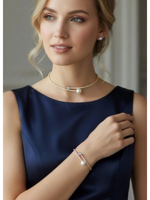 Biju Yılmaz Vip Gold Taşlı Incili Kolye Bileklik Küpe Set - 26SET11