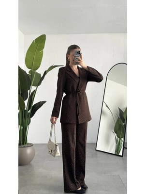 Asfa Moda Kadın Kahverengi Pırıltılı Taşlı Takım Kadın Blazer Ceket Pantolon Takım Şık Ofis Kombin