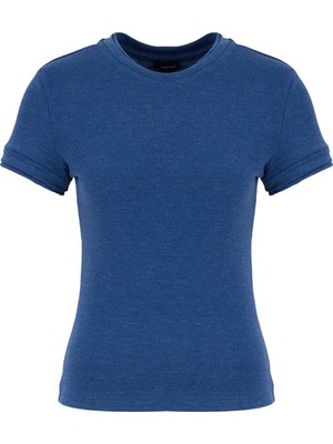 Fabrika Bisiklet Yaka Düz Indigo Melanj Kadın T-Shirt F6SL-TST0376