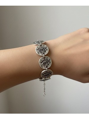 Vintage Takı Eskitme Gümüş Renk Minimal Göz Detaylı Halka Bileklik