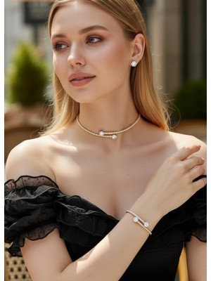 Biju Yılmaz Vip Gold Taşlı Kolye Bileklik Küpe Set - 26SET10