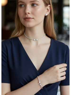 Biju Yılmaz Vip Silver Taşlı Kolye Bileklik Küpe Set - 26SET09