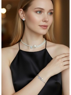 Biju Yılmaz Vip Silver Taşlı Incili Kolye Bileklik Küpe Set - 26SET12