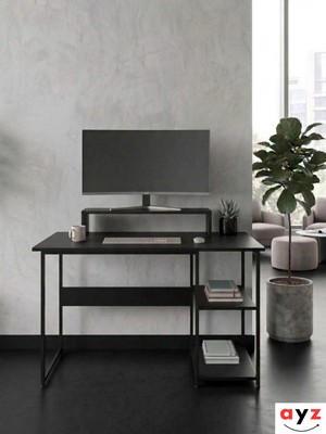 Ayz Vienna 2 Raflı Metal Ayak Çalışma Masası Laptop Masası Bilgisayar Masası 60X120CM Siyah- Siyah