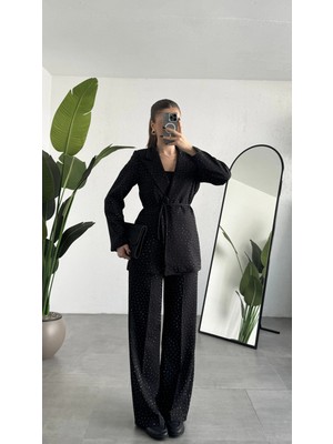 Asfa Moda Kadın Siyah Pırıltılı Taşlı Takım Kadın Blazer Ceket Pantolon Takım Şık Ofis Kombin
