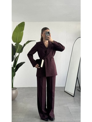 Asfa Moda Kadın Bordo Pırıltılı Taşlı Takım Kadın Blazer Ceket Pantolon Takım Şık Ofis Kombin