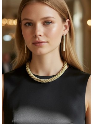 Biju Yılmaz Vip Gold Taşlı Küpe Kolye Set - 26SET06