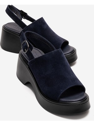 Luvi Power Lacivert Süet Hakiki Deri Kadın Dolgu Topuklu Sandalet