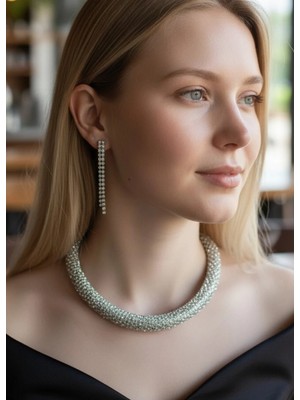 Biju Yılmaz Vip Silver Taşlı Küpe Kolye Set - 26SET05