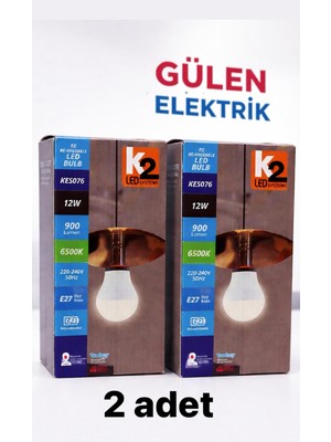 K2 076 Şarjlı Ampul 12W  Çift Bataryalı Beyaz 2ADET
