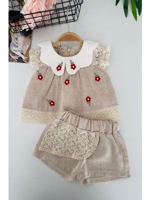 Miniğimin Cicileri Papatya Panç Işleme Desenli Dantel Detaylı Kız Bebek Pamuklu Takım - Bej