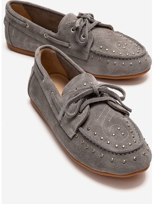 Luvi Cuesta Gri Süet Hakiki Deri Troklu Bağcıklı Kadın Loafer Ayakkabı