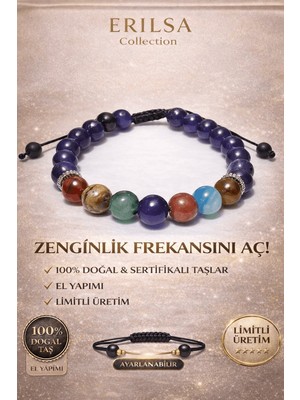 Erilsa Sertifikalı Doğal Taş Zenginlik Bilekliği Ametist Yemen Akiği Jasper Florit Mavi Akik Kalsit Kuvars
