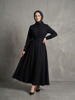 Miostil Kaplama Kemer Detay Elbise-Siyah