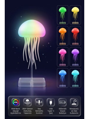 Saravita Rgb Denizanası Gece Lambası Ses Sensörlü LED Dekoratif Masa Lambası USB Şarjlı Renk Değiştiren