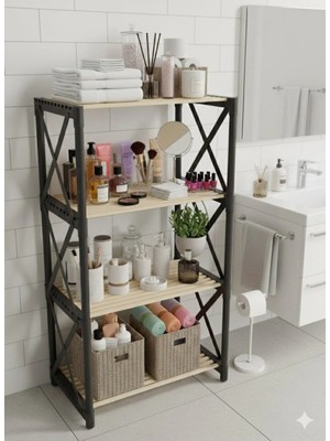 Messer Zenna 4 Katlı Siyah Dekoratif Çok Amaçlı Banyo Rafı Siyah-Ahşap