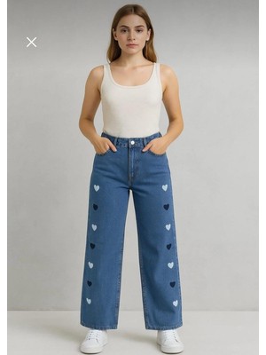 Butik Kadın Kalp Nakışlı Baggy Jean Pantolon