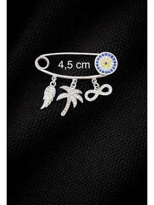 Miraç Gümüş Takı Atölyem 925 Ayar Gümüş Zirkon Taşlı Nazar Boncuk, Kanat , Palmiye Ağacı ve Sonsuzluk Detaylı Çengelli Iğne