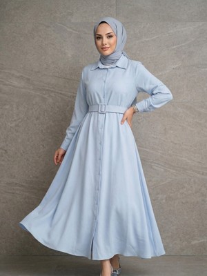 Miostil Kaplama Kemer Detay Elbise-Mavi