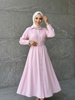 Miostil Kaplama Kemer Detay Elbise-Pembe