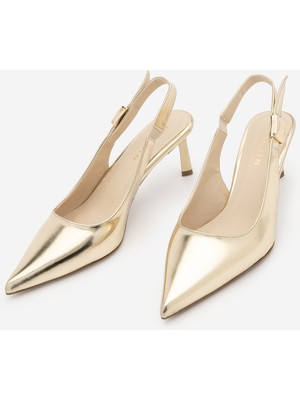 Marjin Kadın Stiletto Sivri Burun Arkası Açık Tokalı Lastikli Kısa Klasik Topuklu Ayakkabı Zelor Altın