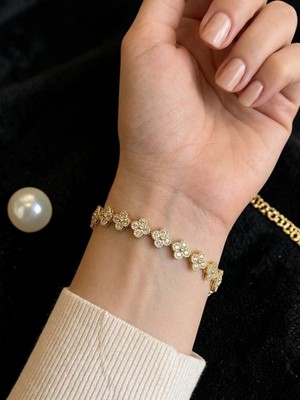 Deryora Çelik Gold Zirkon Yonca Bileklik Hediye Sevgiliye
