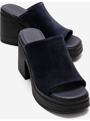 Luvi Nola Lacivert Süet Hakiki Deri Kadın Kalın Topuklu Terlik