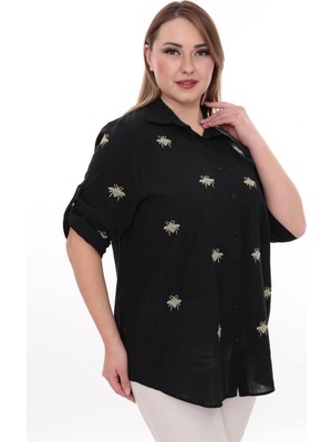 Lady Majestic Büyük Beden Kadın Gömlek %100 Pamuk Arı Nakış Detaylı Rahat Kesim Şık Günlük Gömlek