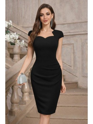 Mareandpanda Kadın Kısa Kollu Yakası Asimetrik Kısa Ithal Krep Elbise