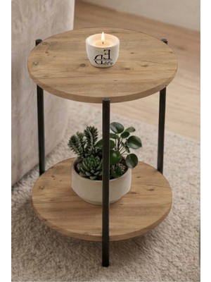 ED Efelez Design Yan Sehpa , Dekoratif 2 Katlı Sehpa , Çiçeklik , Daisy Yan Sehpa , Siyah Metal - Atlantik Çam Tabla