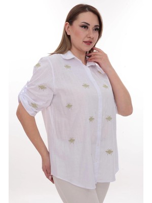 Lady Majestic Büyük Beden Kadın Gömlek %100 Pamuk Arı Nakış Detaylı Rahat Kesim Şık Günlük Gömlek