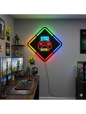 Onerous LED Işıklı Gamer Oyuncu Rgb Tablo Aydınlatmalı Dekoratif Mdf Ahşap Duvar Tablosu Anahtarlı Adaptörlü Gaming Setup Oda Dekorasyon Hediye