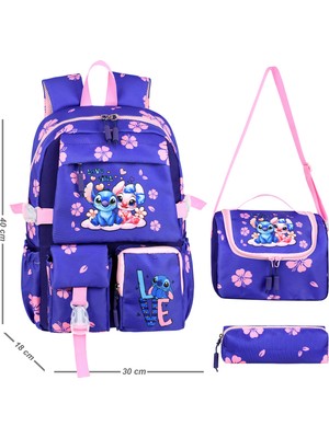 Niss Store Kore Kawai Mor Stitch Stiç Temalı Kız Çocuk Ilkokul Çantası Termal Beslenme Çantası ve Kalemlik Set