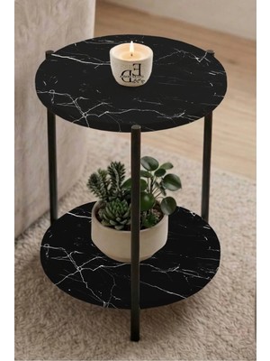 ED Efelez Design Yan Sehpa , Dekoratif 2 Katlı Sehpa , Çiçeklik , Daisy Yan Sehpa , Siyah Metal - Siyah Mermer Tabla