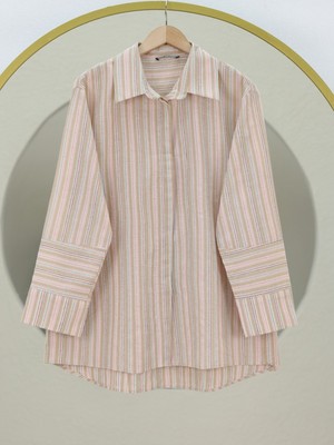 Modamorfo Arkası Uzun Kabartma Çizgili Oversize Gömlek -Vizon