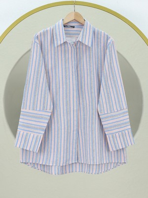 Modamorfo Arkası Uzun Kabartma Çizgili Oversize Gömlek -Mavi