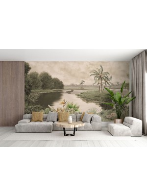 Lotus Aura Tropikal Palmiye Ağaçlı Duvar Kağıdı, Göl Manzaralı Duvar Posteri