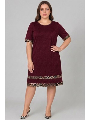 Curvy Trend Büyük Beden Kol Ucu ve Eteği Leopar Garnili Kısa Kol Viskon Elbise