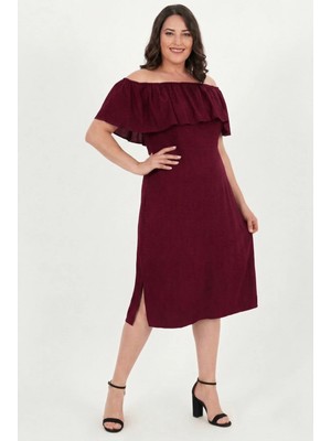 Curvy Trend Büyük Beden Madonna Yaka Yırtmaçlı Viskon Elbise