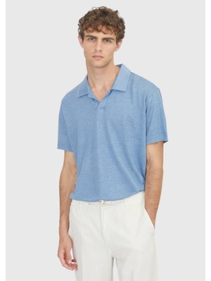 Ramsey Mavi Düz %100 Keten T-Shirt