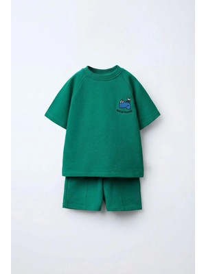 Magu Unisex Çocuk Pamuklu Yeşil Gergedan Nakışlı T-Shirt Şort Takım